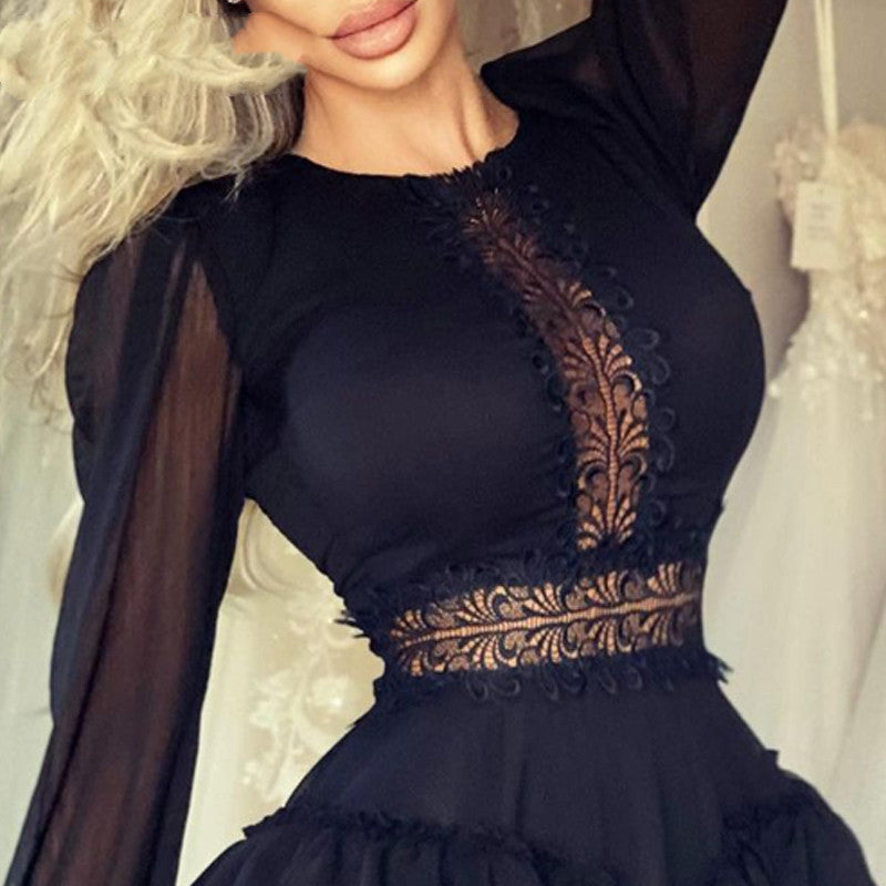 European And American Mesh Lace And Ruffled Waist Jumpsuit