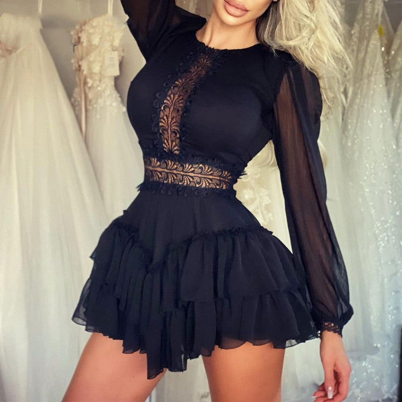 European And American Mesh Lace And Ruffled Waist Jumpsuit