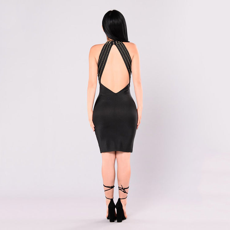 Backless Mesh Beading Nightclub Mini Sexy Halter Dress Bandage Dress