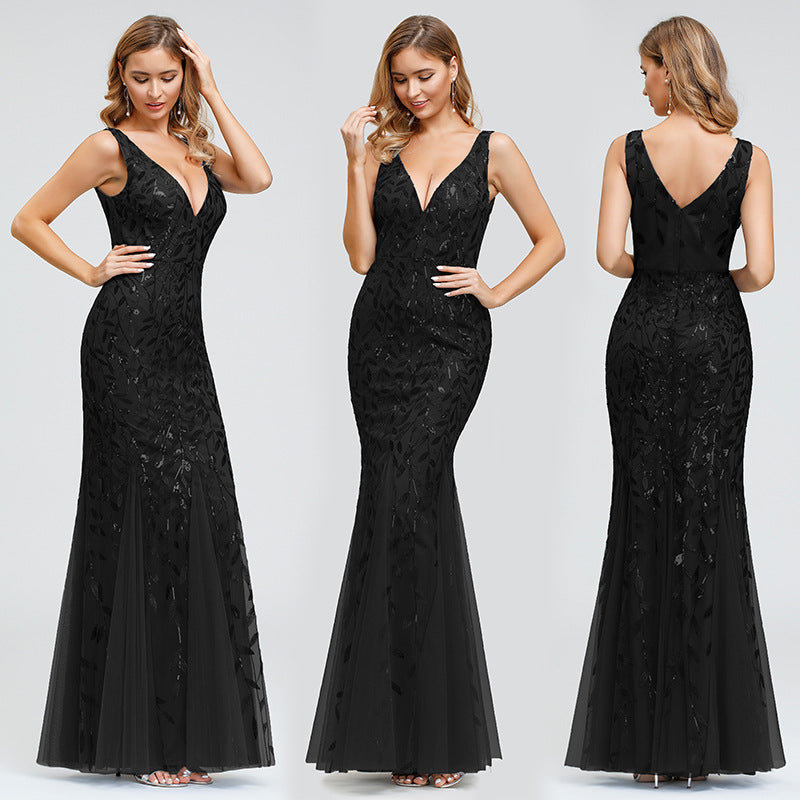 Sleeveless sequined fishtail party evening dress