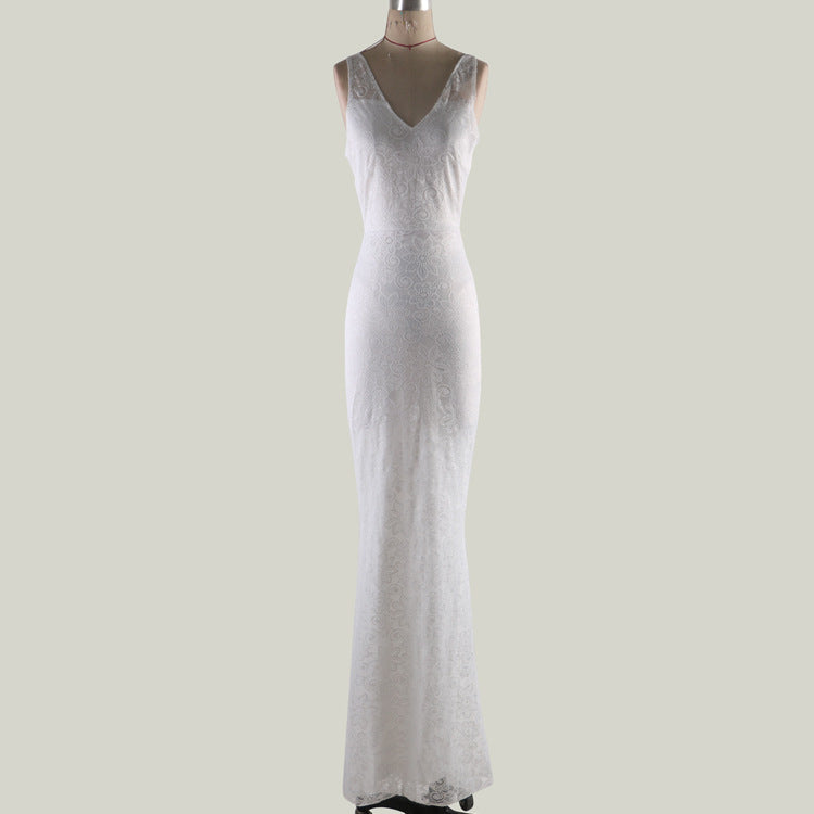 Deep V Sexy Lace Backless Dress Sleeveless White Trailing Dress