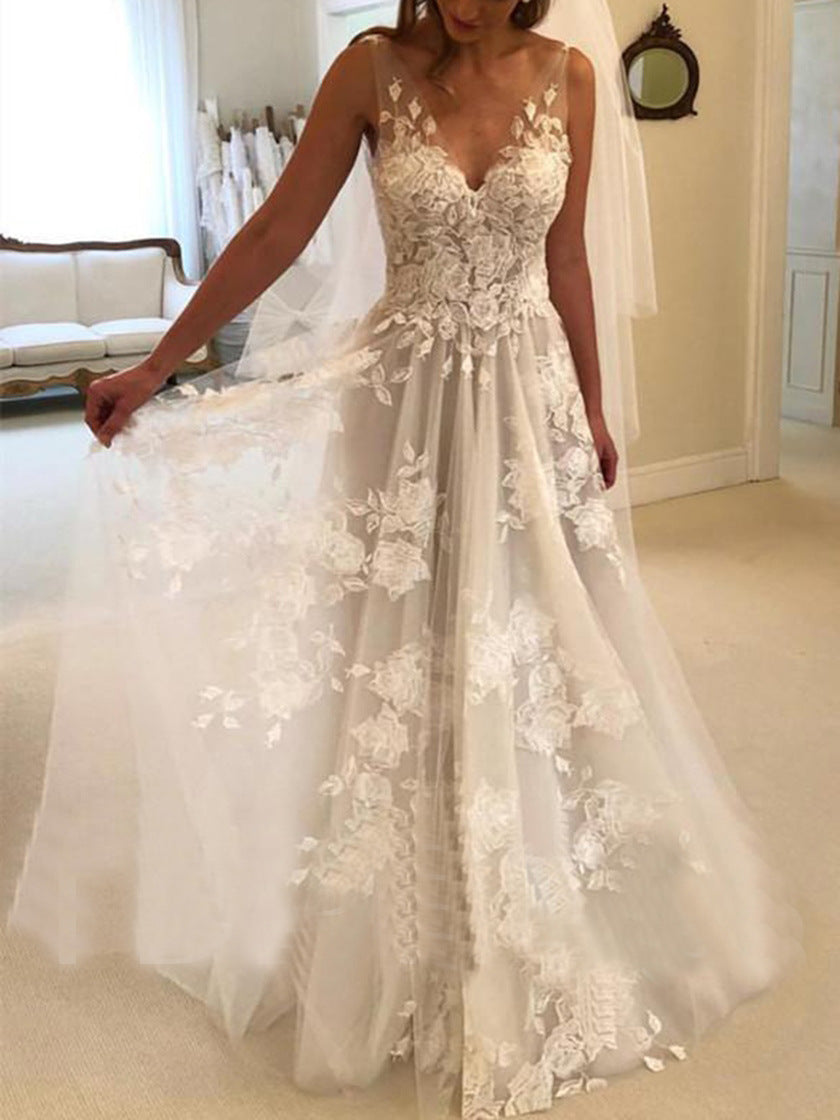 Double-shoulder Deep V-neck Slim-fit Lace Wrapped Shoulder Tail Wedding Dress