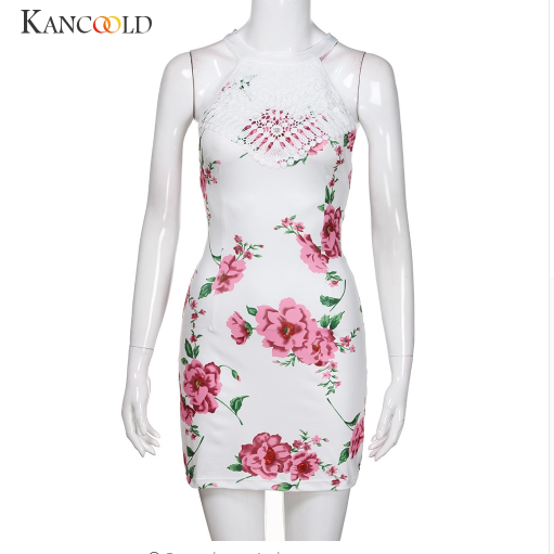 KANCOOLD Dress Womens Lace Patchwork Sleeveless Party Dress Halter Random Floral Print Mini fashion new Dress