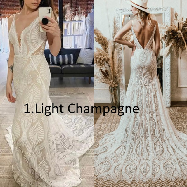 Vestido Bohemian Wedding Dress V Neck Lace Boho Spaghetti Straps Backless Beach Bridal Gowns Vestido De Novia Roycebridal 2023