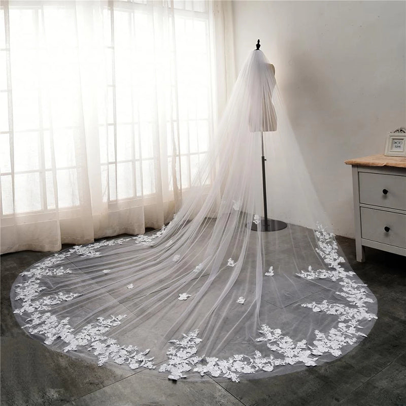 Bride Embroidered Lace White Long Trailing Veil