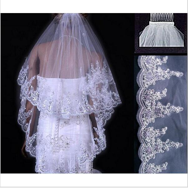 Two-layer Sequined Lace With Combed Bridal Veil
