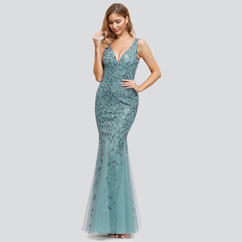 Sleeveless sequined fishtail party evening dress