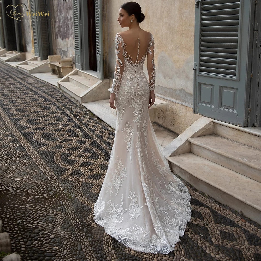 Sheer Illusion Button Back Wedding Gown