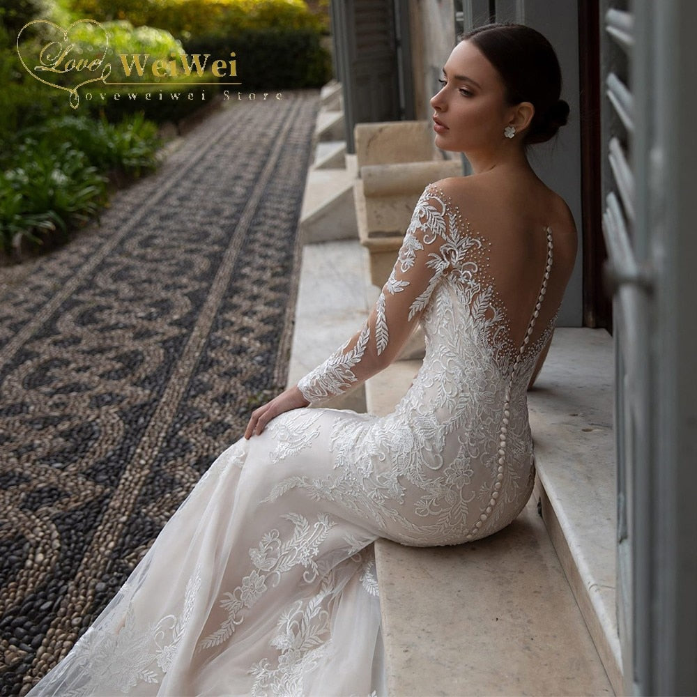 Sheer Illusion Button Back Wedding Gown