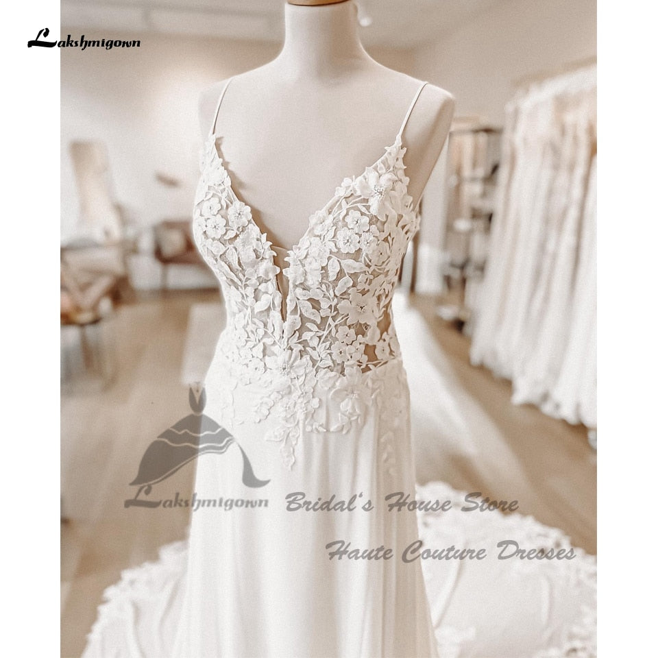 Chiffon Floral Lace Appliques Spaghetti Straps Wedding Dress