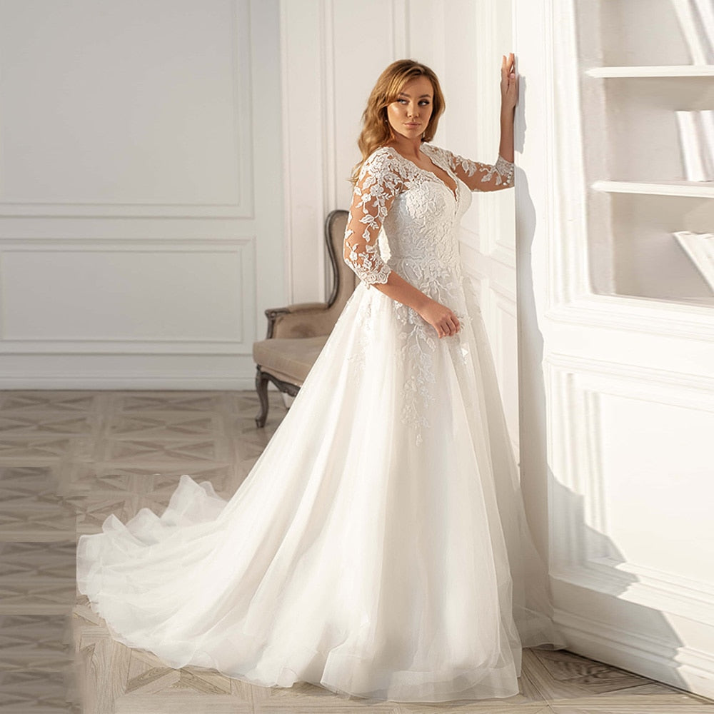 3/4 Lace Sleeves Illusion Back Bridal Gown