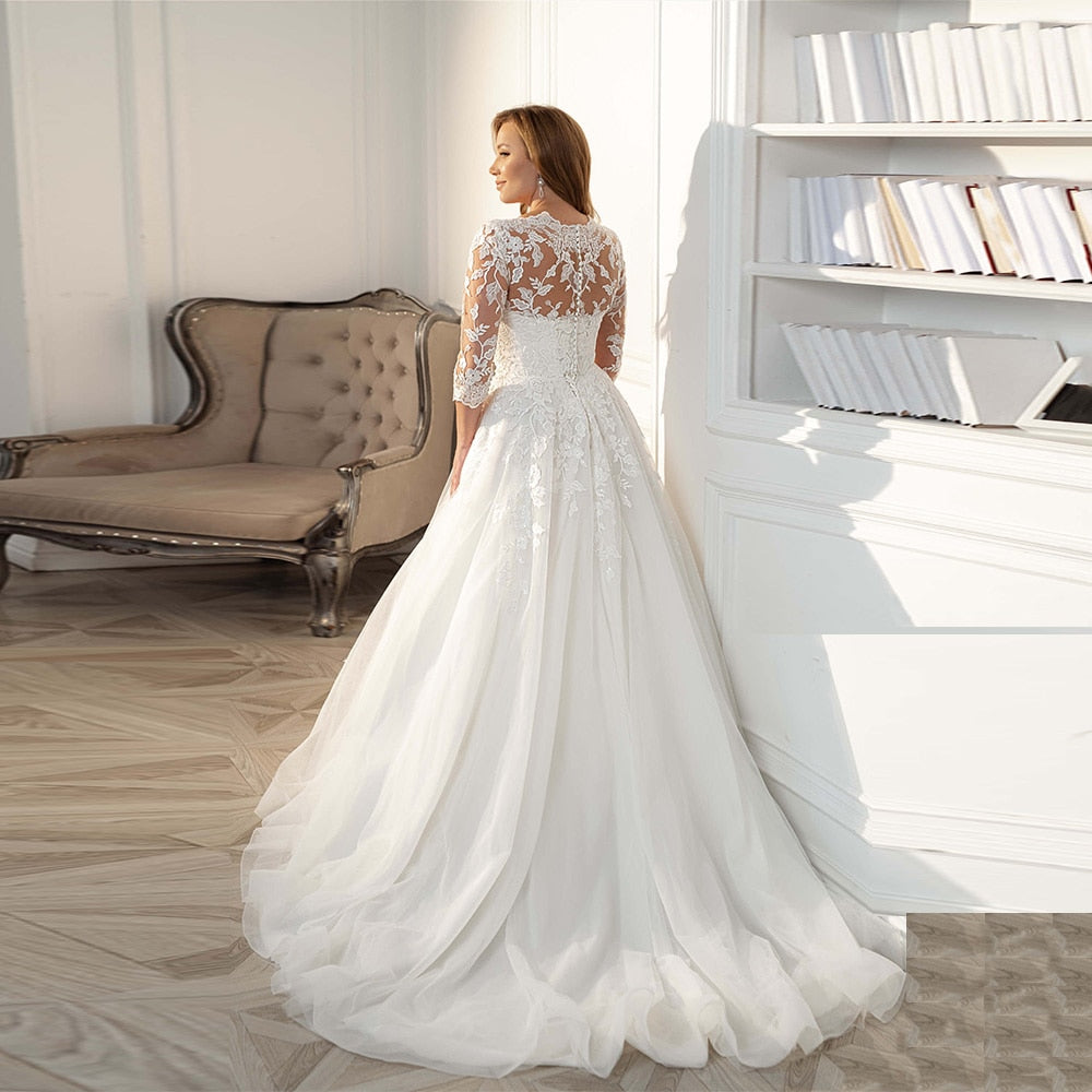 3/4 Lace Sleeves Illusion Back Bridal Gown