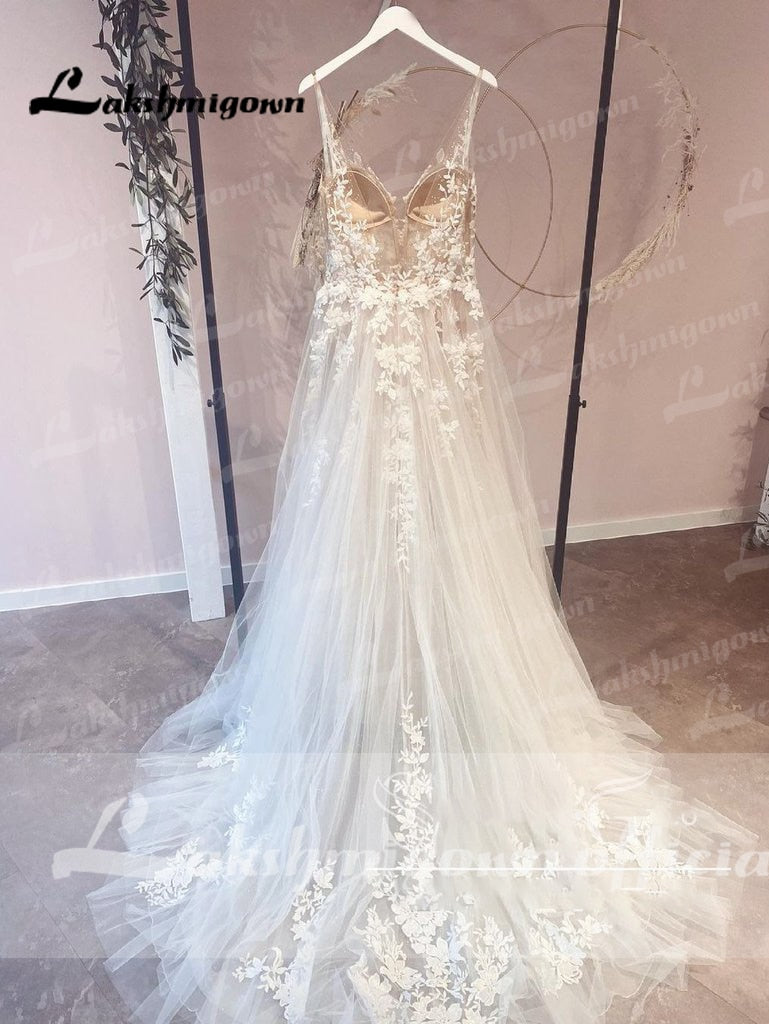 Illusion Bodice FLowy A Line Tulle Wedding Dress