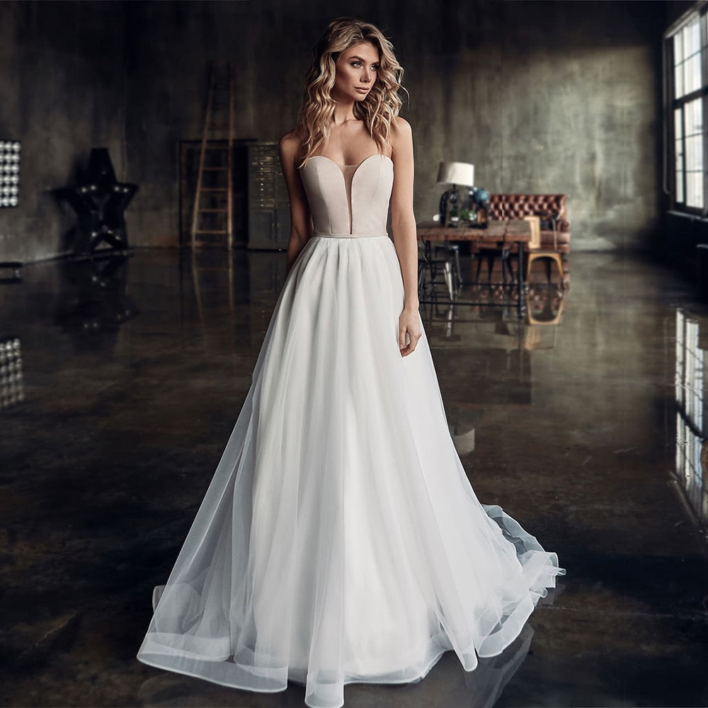 A-Line Wedding Dresses Cut-Out Illusion Detachable Puff Sleeve