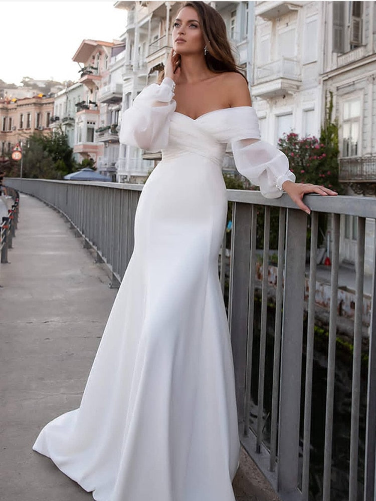 Long Puff Sleeve Off The Shoulder Bridal Gown