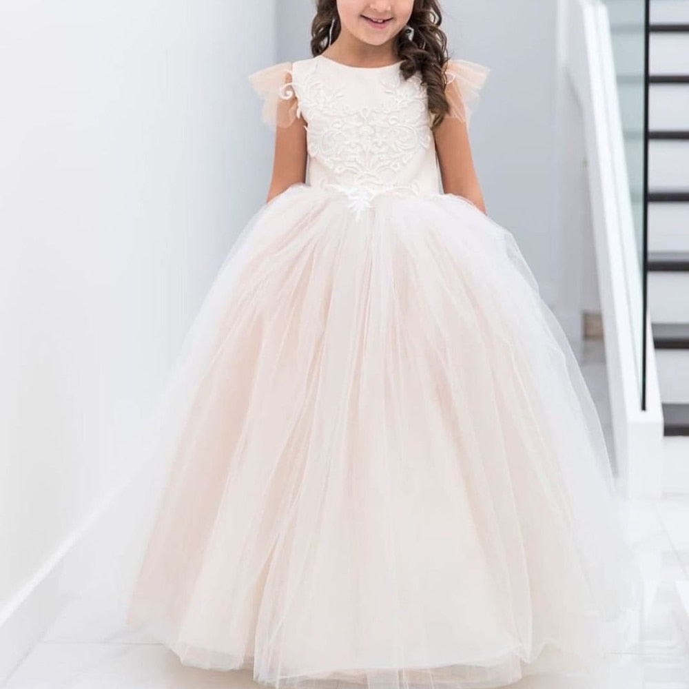 Puffy Cap Sleeves Lace Appliques Princess Flower Girl Dress
