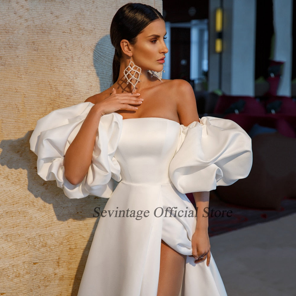 Sevintage High Side Slide Wedding Dresses Puff Sleeves Bridal Gowns Stain A-Line Strapless Bride Dress 2021 vestido novia