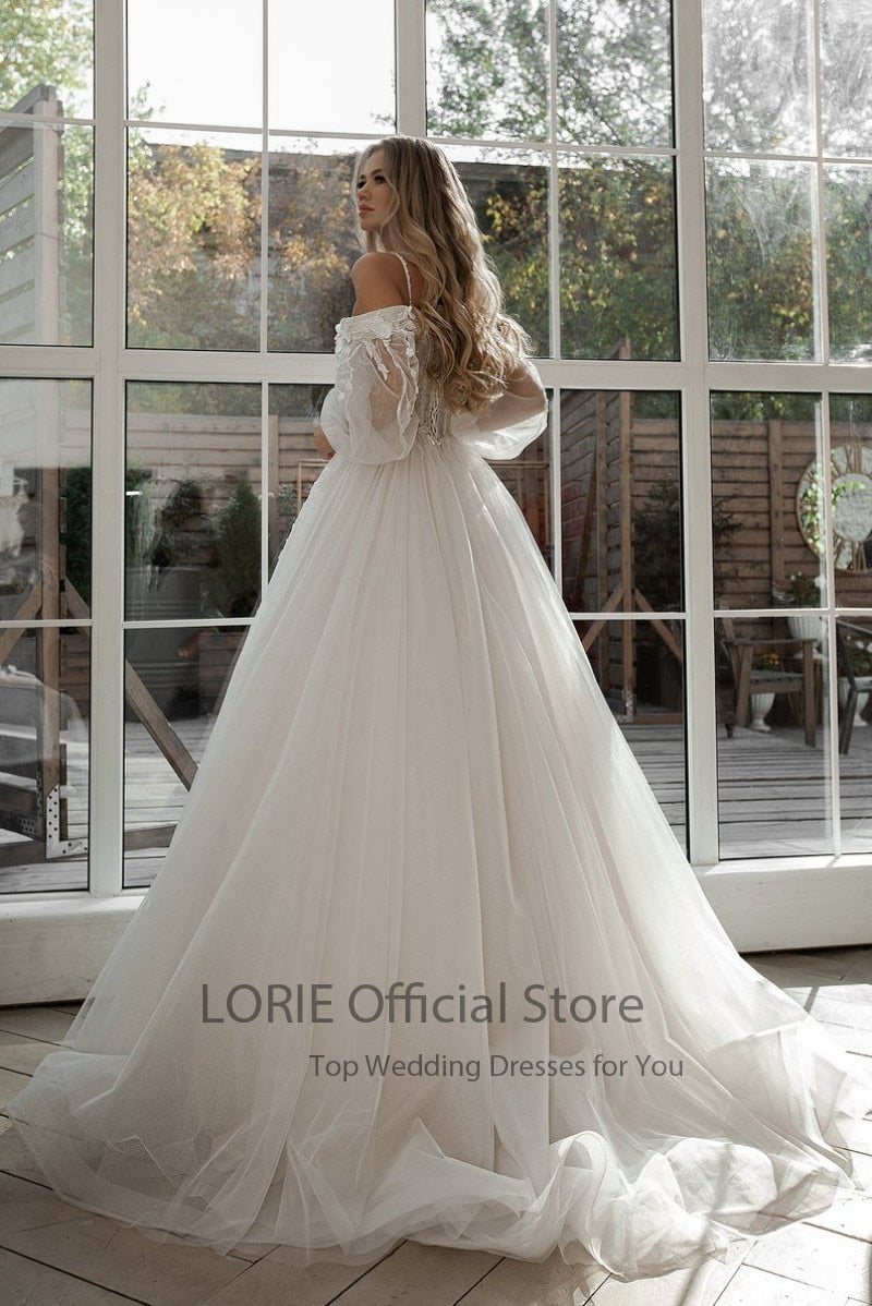 Glitter Puff Sleeve 3D Flowers Off Shoulder Tulle Wedding Gown
