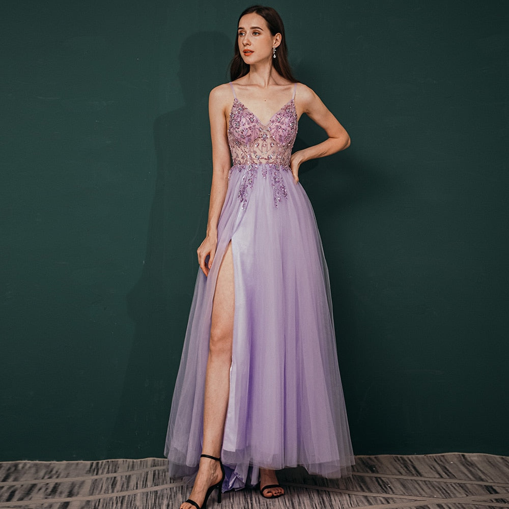 Beaded Crystal  A-Line Split Tulle V Neck Spaghetti Strap Prom Dress