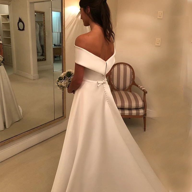 Simple Satin Off The Shoulder A-Line Wedding Dresses