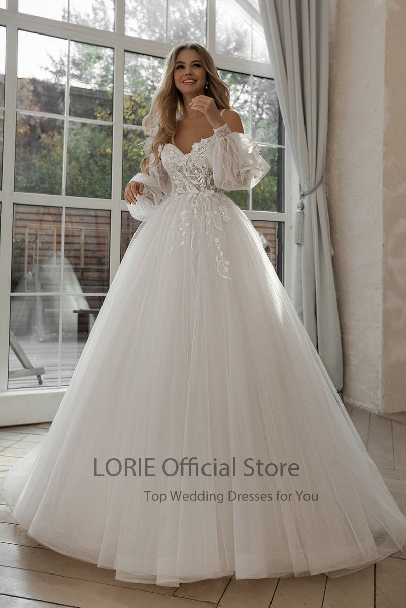 Glitter Puff Sleeve 3D Flowers Off Shoulder Tulle Wedding Gown