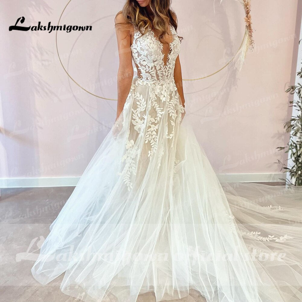 Backless Lace Applique Beaded Tulle Wedding Dress