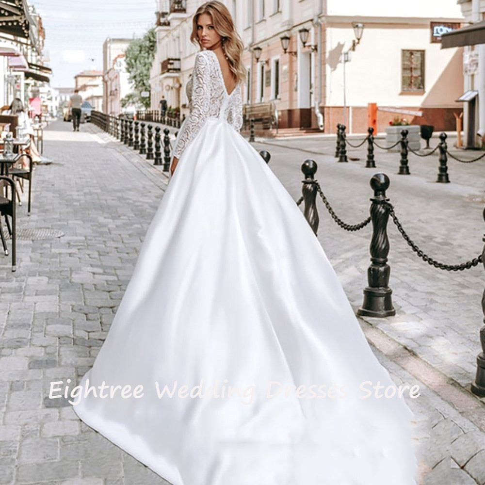 Long Sleeve Lace & Satin V Neck High Split A-line Bridal Dress