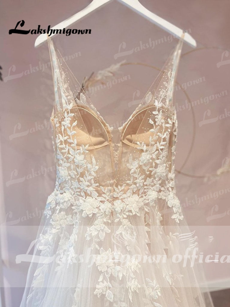 Illusion Bodice FLowy A Line Tulle Wedding Dress