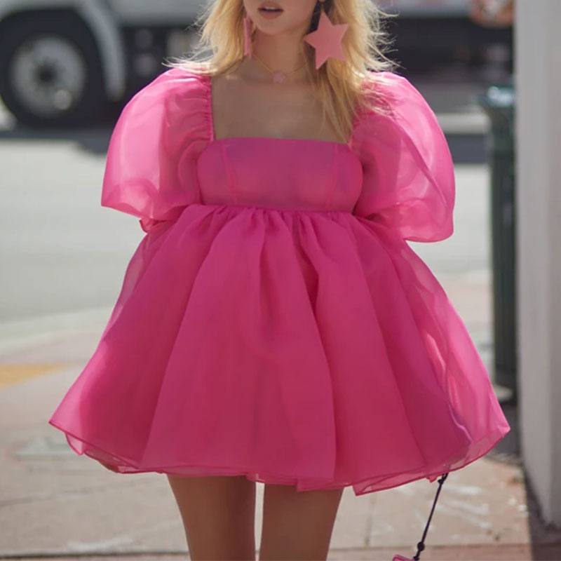 Puff Sleeve Square Collar Mesh Ruffle Bubble Skirt Dress