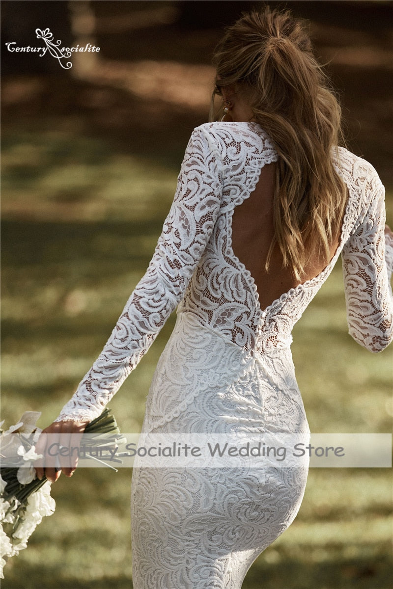 Backless Lace Long Sleeve V-Neck Lace Bridal Gown