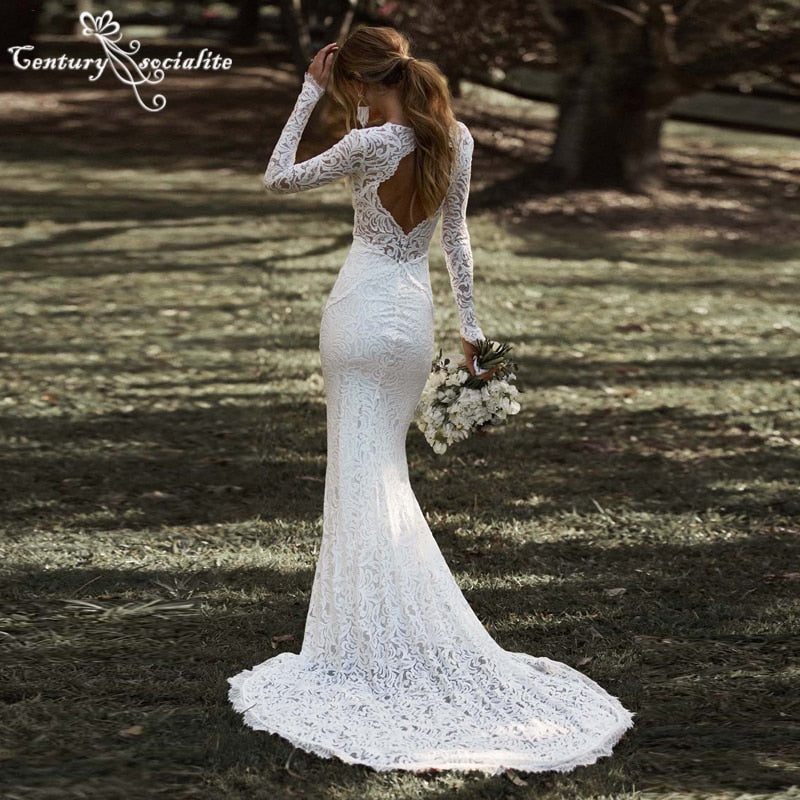 Backless Lace Long Sleeve V-Neck Lace Bridal Gown