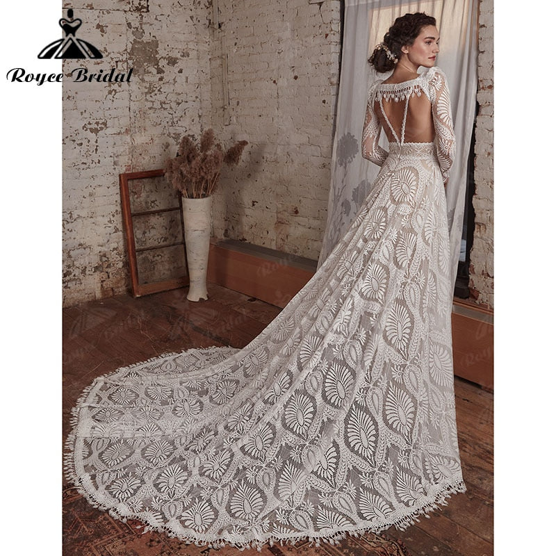 Detachable Long Sleeve Deep V Neck Lace Backless Spaghetti Straps Bridal Gown