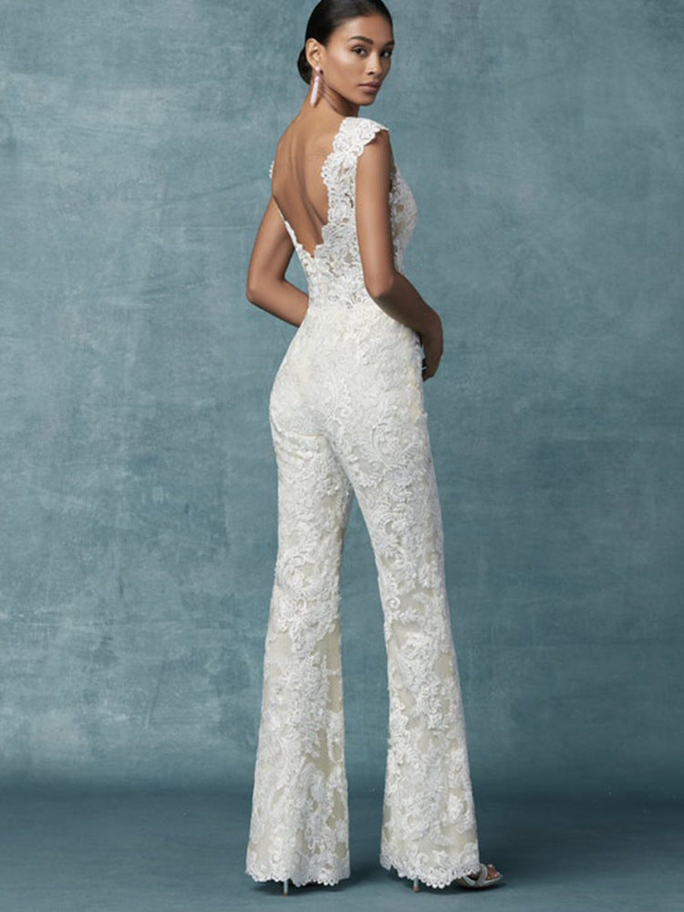 Embroidery Lace Pantsuit One-piece Personality Niche Wedding Dress Two-piece Suit By Silk
