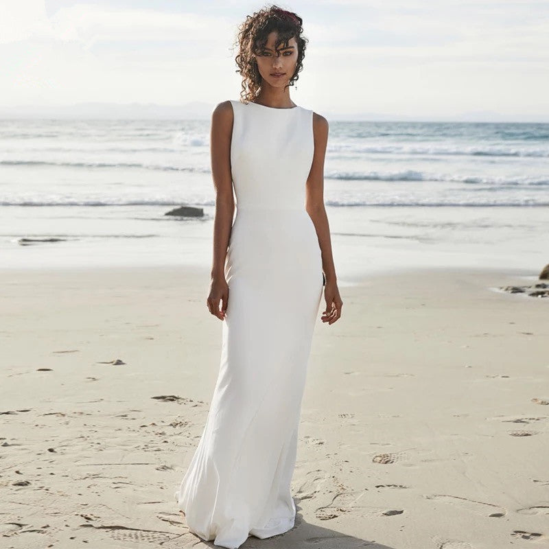 Beach Wedding Dress V Back Soft Satin Floor-length Skirt Mermaid Bride