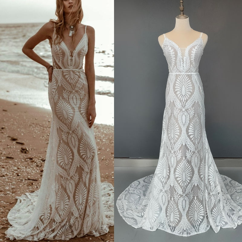 Vestido Bohemian Wedding Dress V Neck Lace Boho Spaghetti Straps Backless Beach Bridal Gowns Vestido De Novia Roycebridal 2023