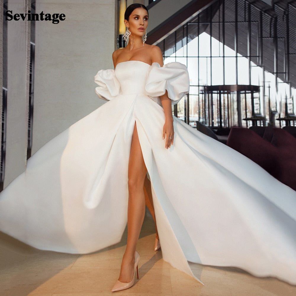 Sevintage High Side Slide Wedding Dresses Puff Sleeves Bridal Gowns Stain A-Line Strapless Bride Dress 2021 vestido novia