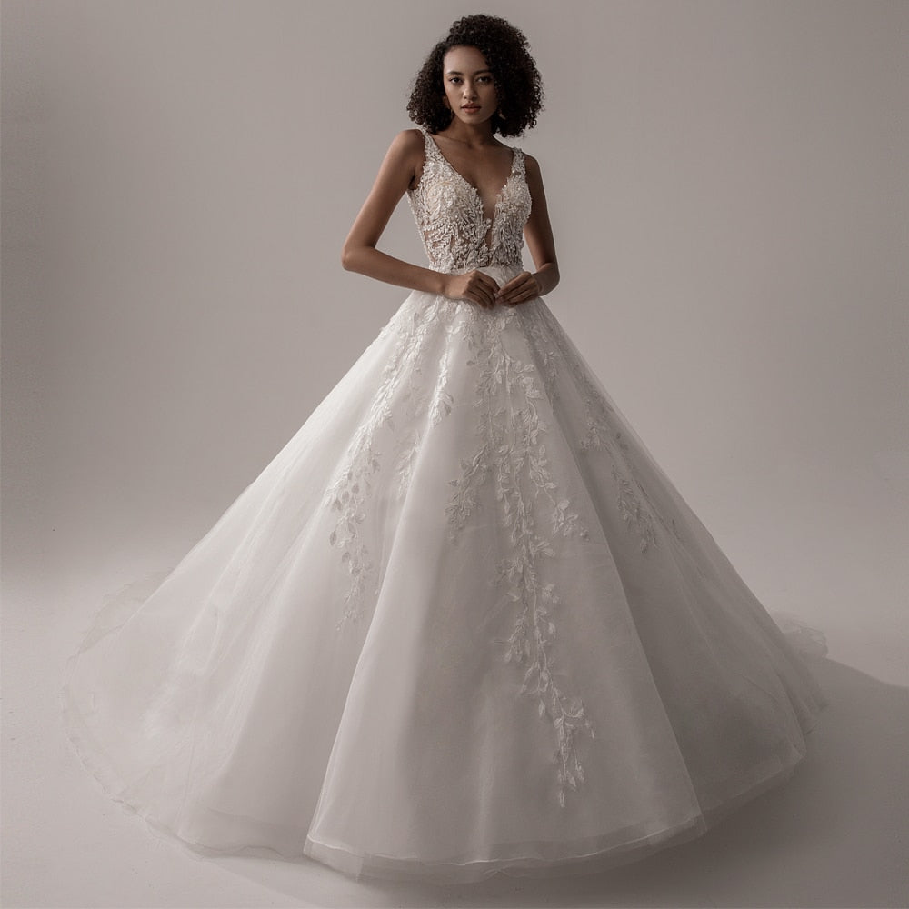 V Neck A Line Romantic Lace Bridal Gown