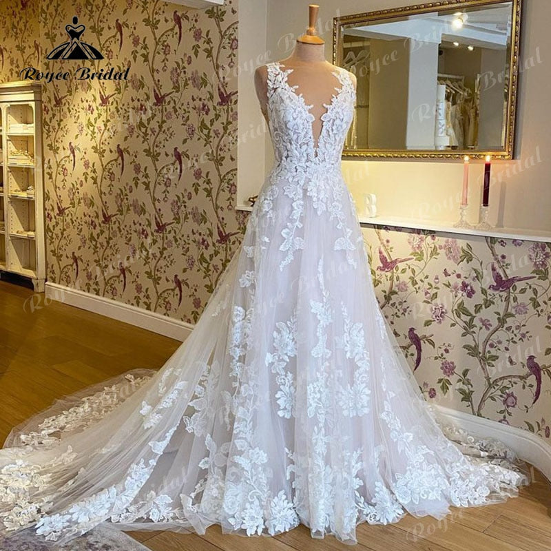 Lace Applique Deep V Back Bridal Gown